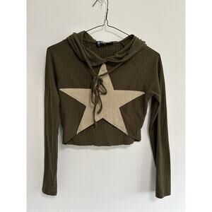 The Kript Star Cropped Tee Top Hood Long Sleeve Ribbed Grunge Goth Emo XS Womens